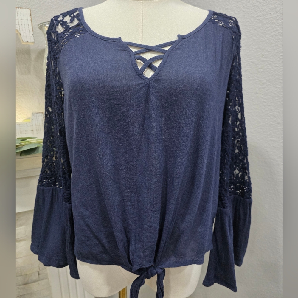 Mudd Navy Lace Sleeve Blouse